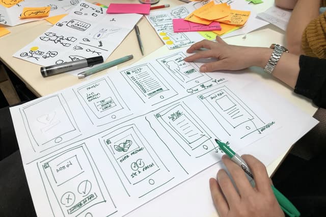 Hands sketching phone screens on paper across a table, with markers and sticky notes