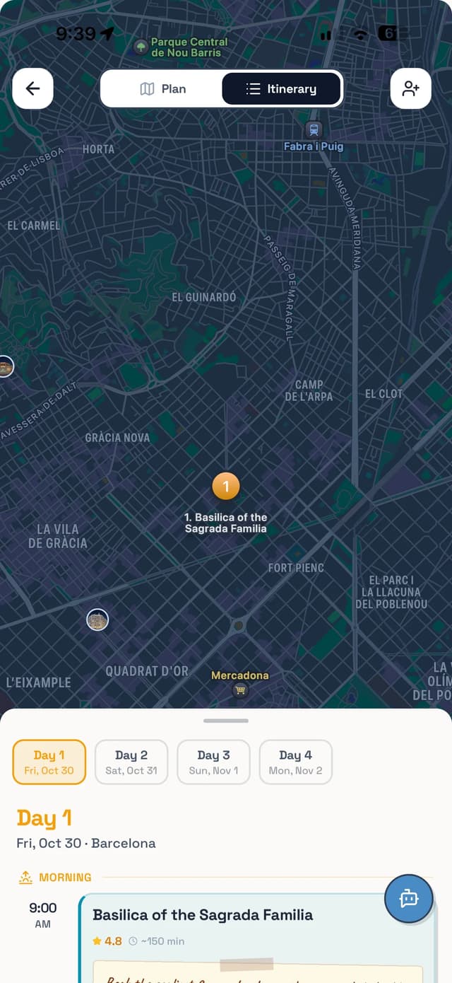 Day 1 in Barcelona on MiVia’s map, starting at the Basilica of the Sagrada Família
