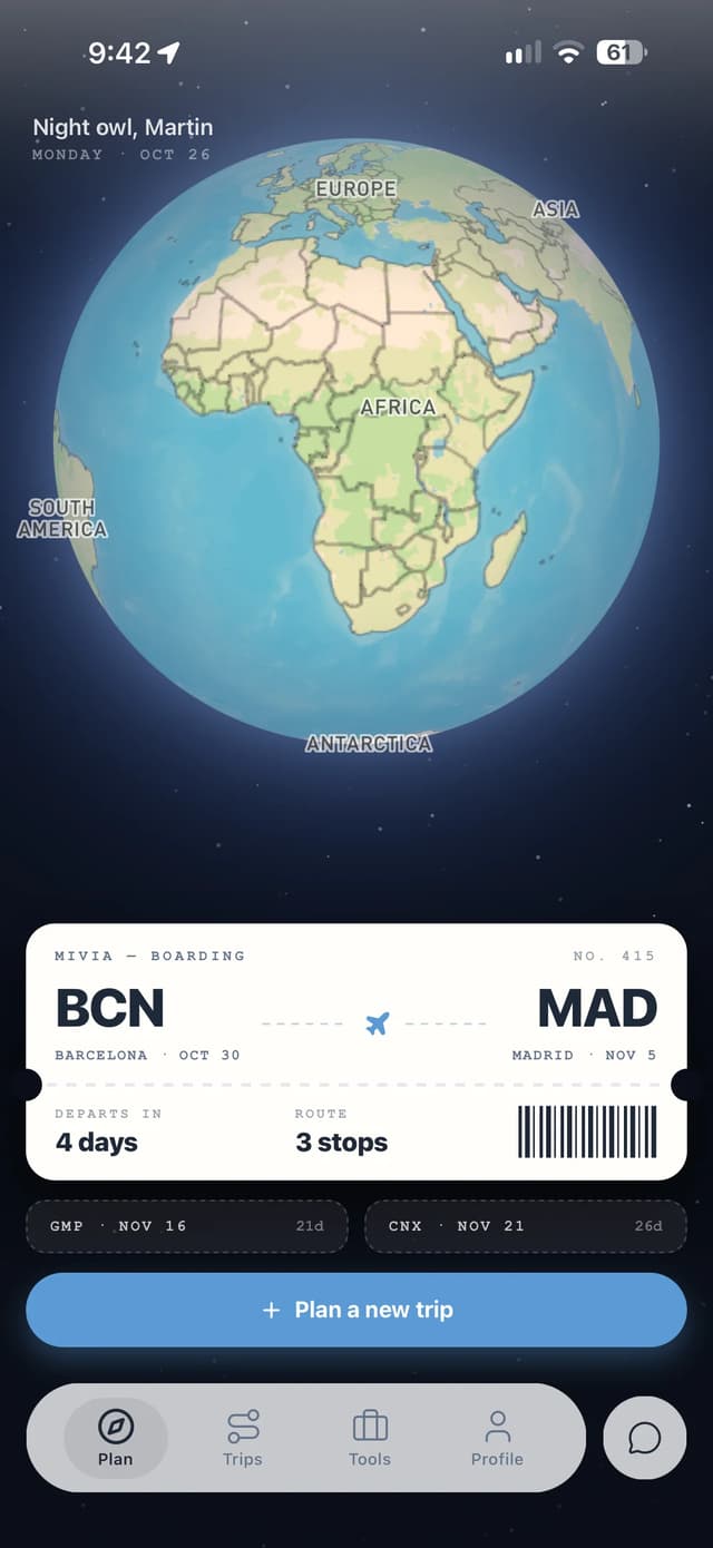 MiVia’s home screen: a globe and a boarding pass for a trip from Barcelona to Madrid