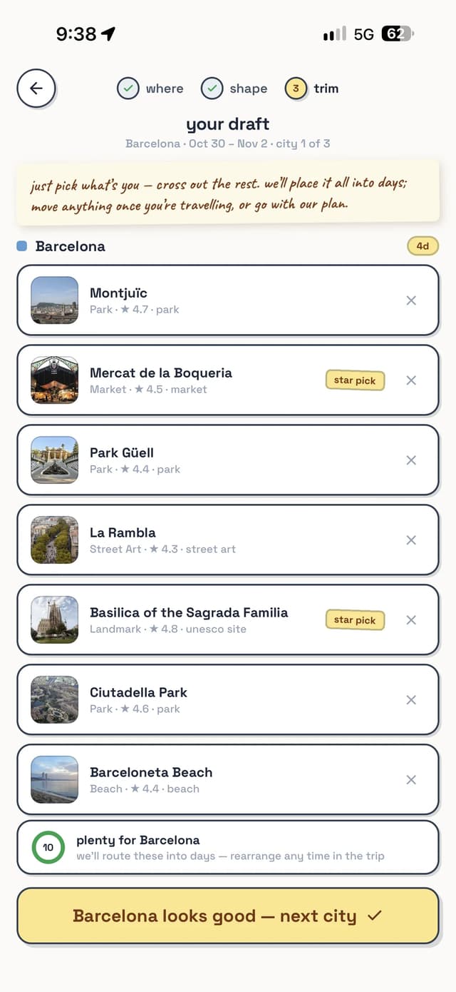 MiVia’s draft for Barcelona: places such as Park Güell and La Boqueria, each one to keep or cross out