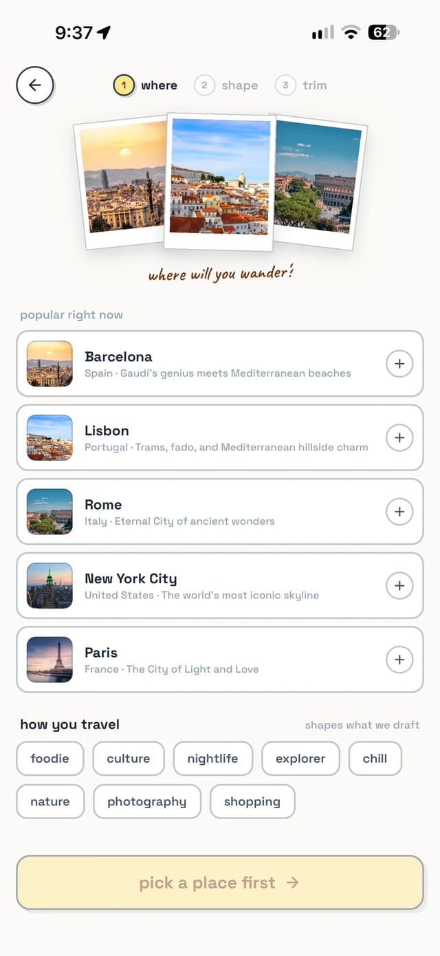 Choosing where to go in MiVia: popular cities such as Barcelona, Lisbon and Rome, and travel styles to pick from